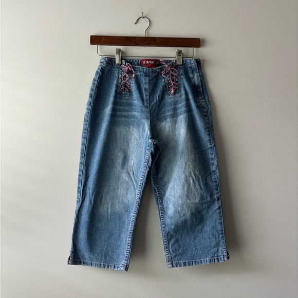 Zana.Di blue Y2K capri‎ with side leather pink straps size 18 Junior - Picture 1 of 6